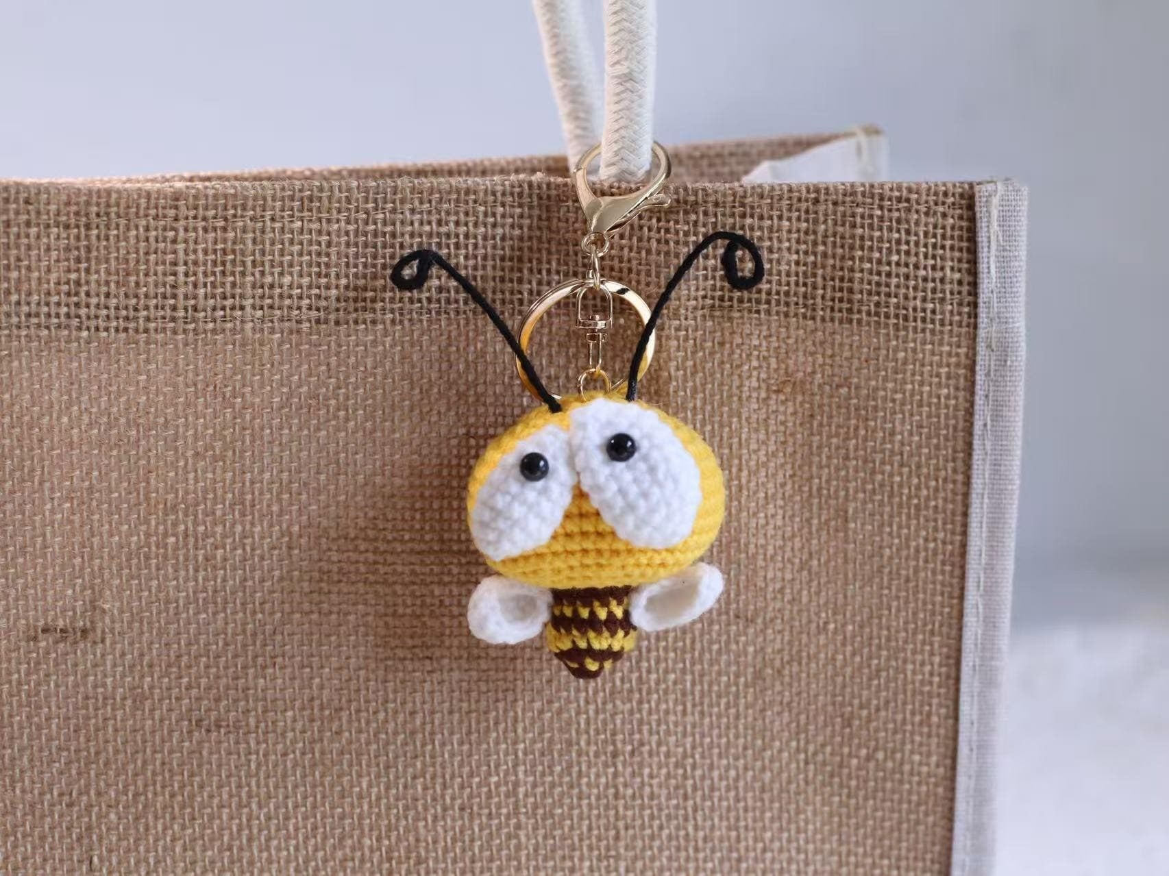 Handmade Crochet Bee Keychain Set - Cute Bag Charm, Car Pendant, Unique Gift for Her, Mom, Friends - Smiling, Mini & Big-Eyed Bees