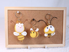 Handmade Crochet Bee Keychain Set - Cute Bag Charm, Car Pendant, Unique Gift for Her, Mom, Friends - Smiling, Mini & Big-Eyed Bees