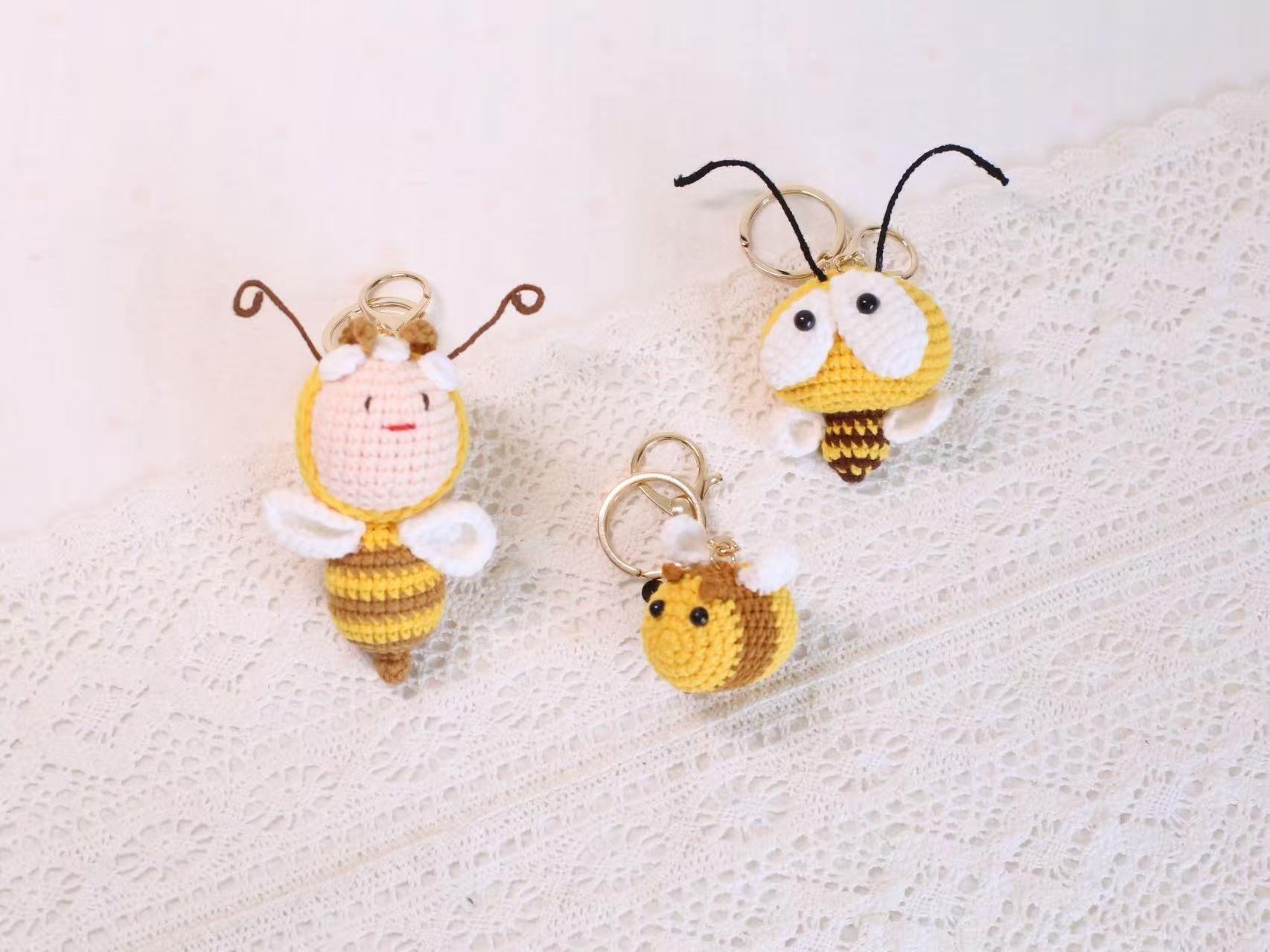 Handmade Crochet Bee Keychain Set - Cute Bag Charm, Car Pendant, Unique Gift for Her, Mom, Friends - Smiling, Mini & Big-Eyed Bees