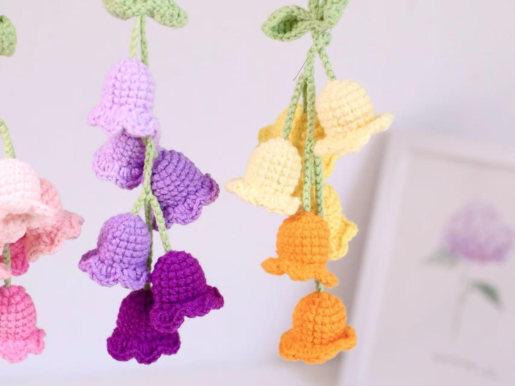 Crochet Bell Flower Car Charm Set: Handmade Cotton Gradient Decoration