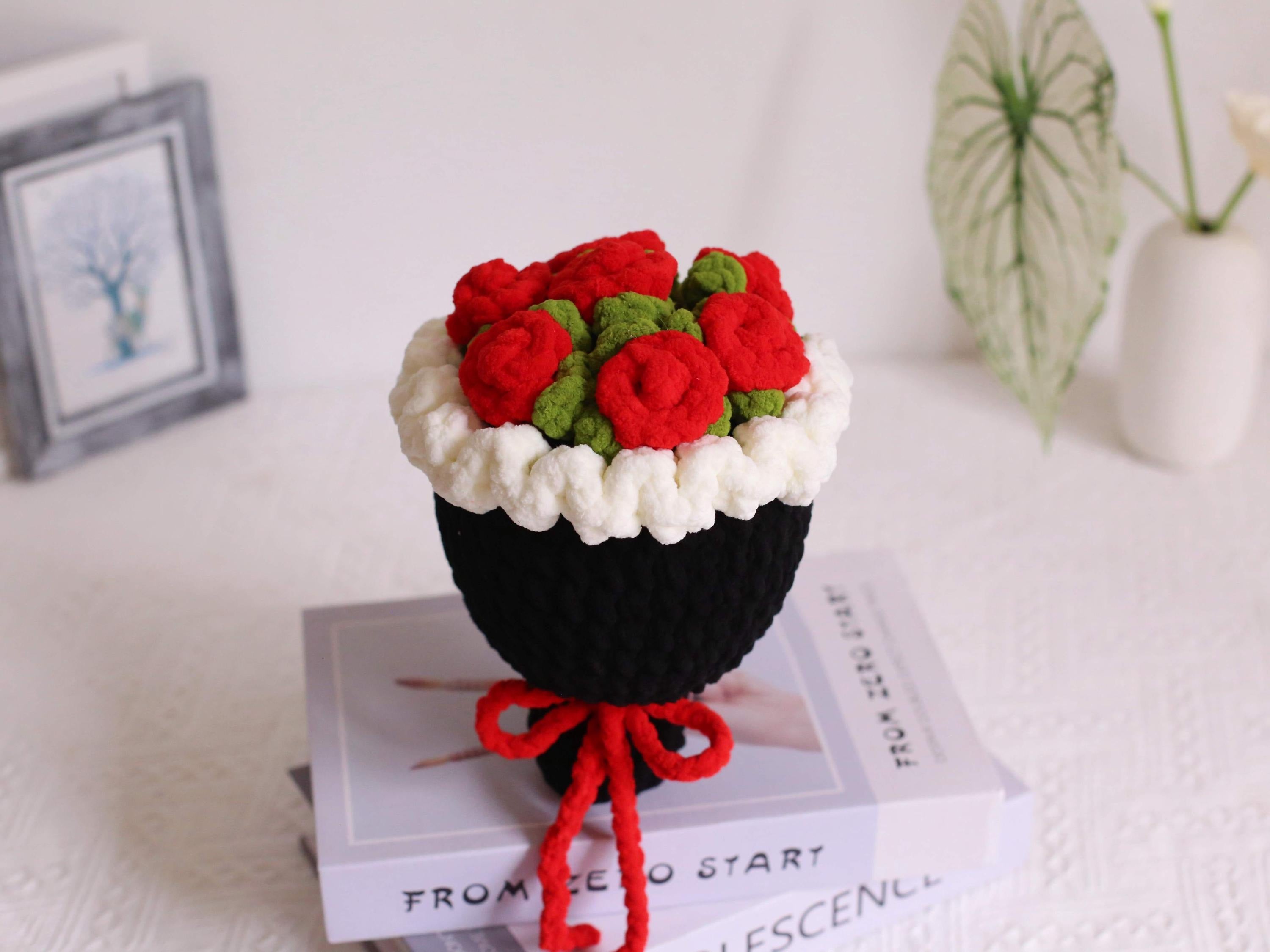 Handmade Crochet Chenille Rose Bouquet: Bright Colors, Ready to Gift