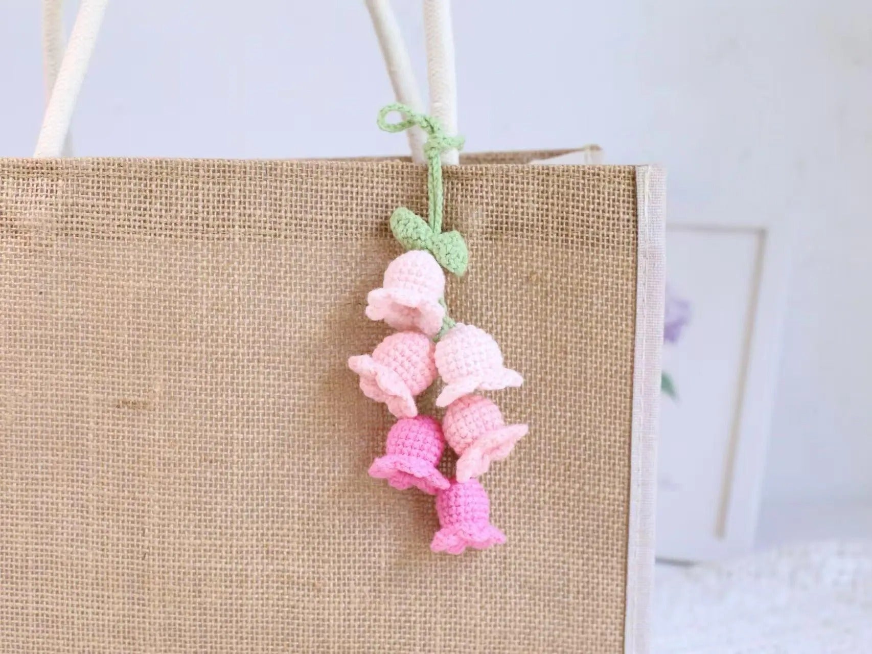 Crochet Bell Flower Car Charm Set: Handmade Cotton Gradient Decoration