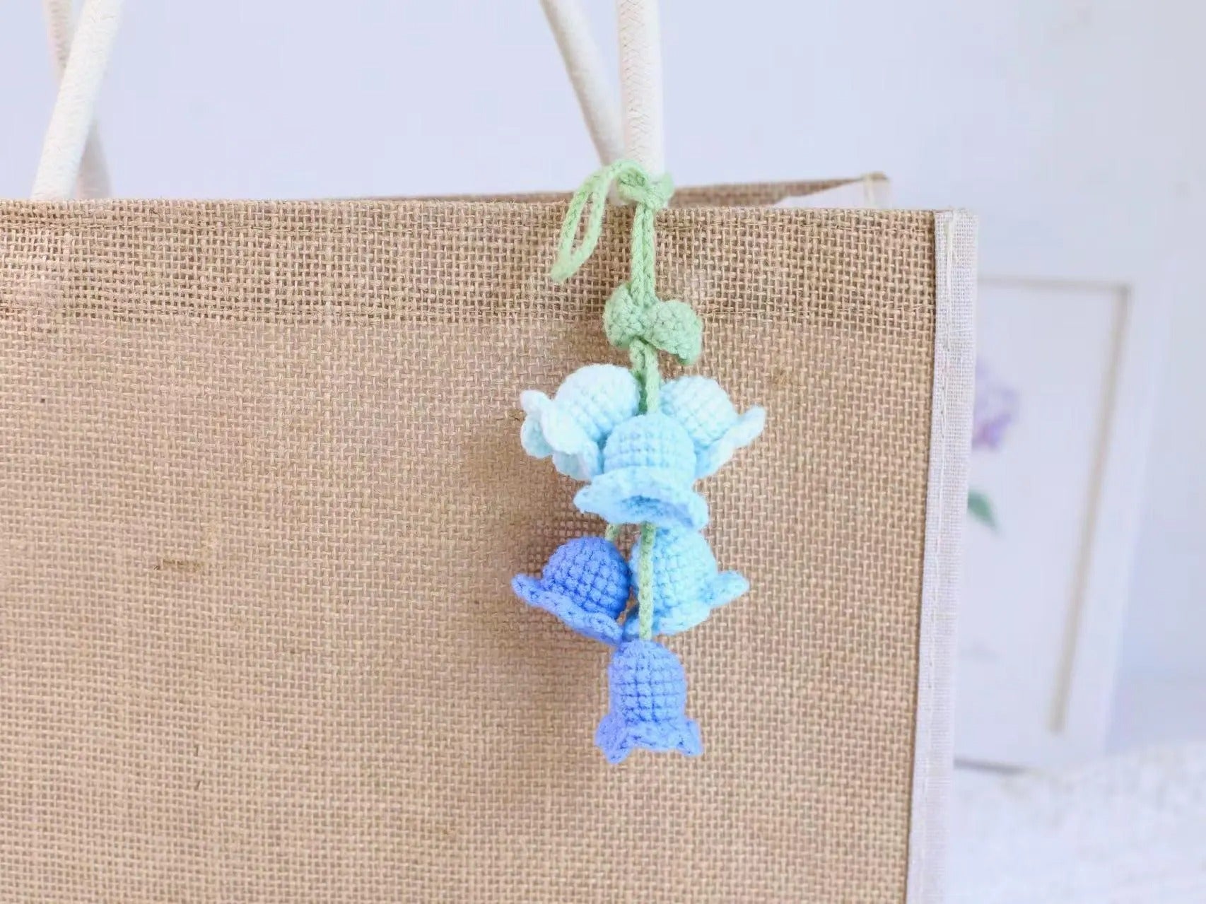 Crochet Bell Flower Car Charm Set: Handmade Cotton Gradient Decoration
