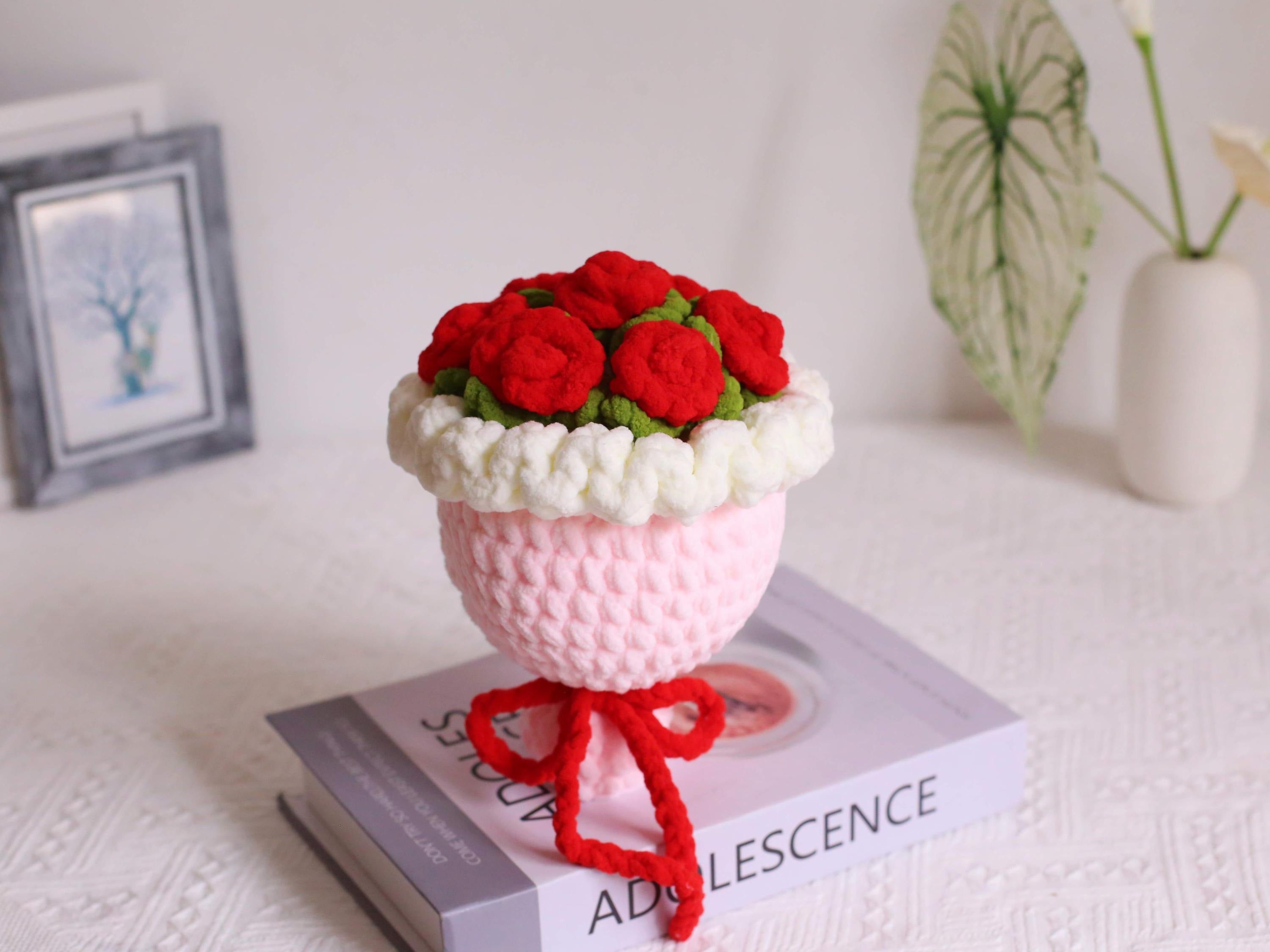 Handmade Crochet Chenille Rose Bouquet: Bright Colors, Ready to Gift