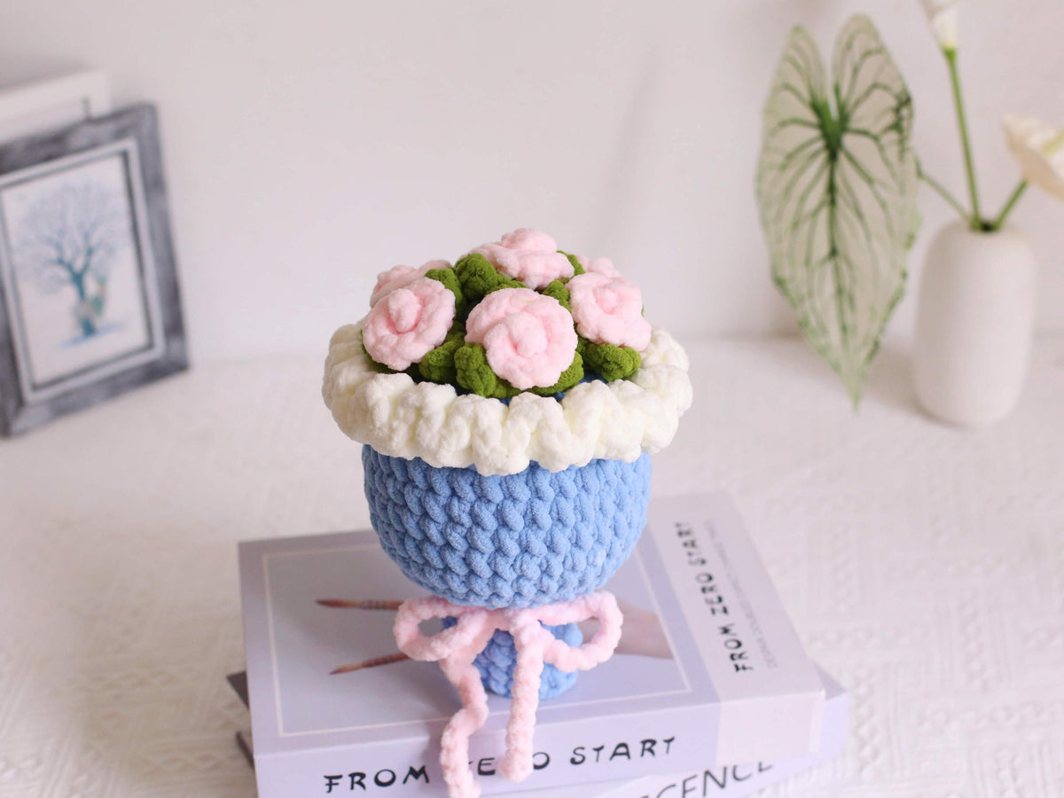 Handmade Crochet Chenille Rose Bouquet: Bright Colors, Ready to Gift