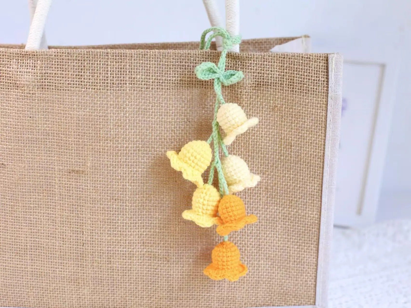 Crochet Bell Flower Car Charm Set: Handmade Cotton Gradient Decoration