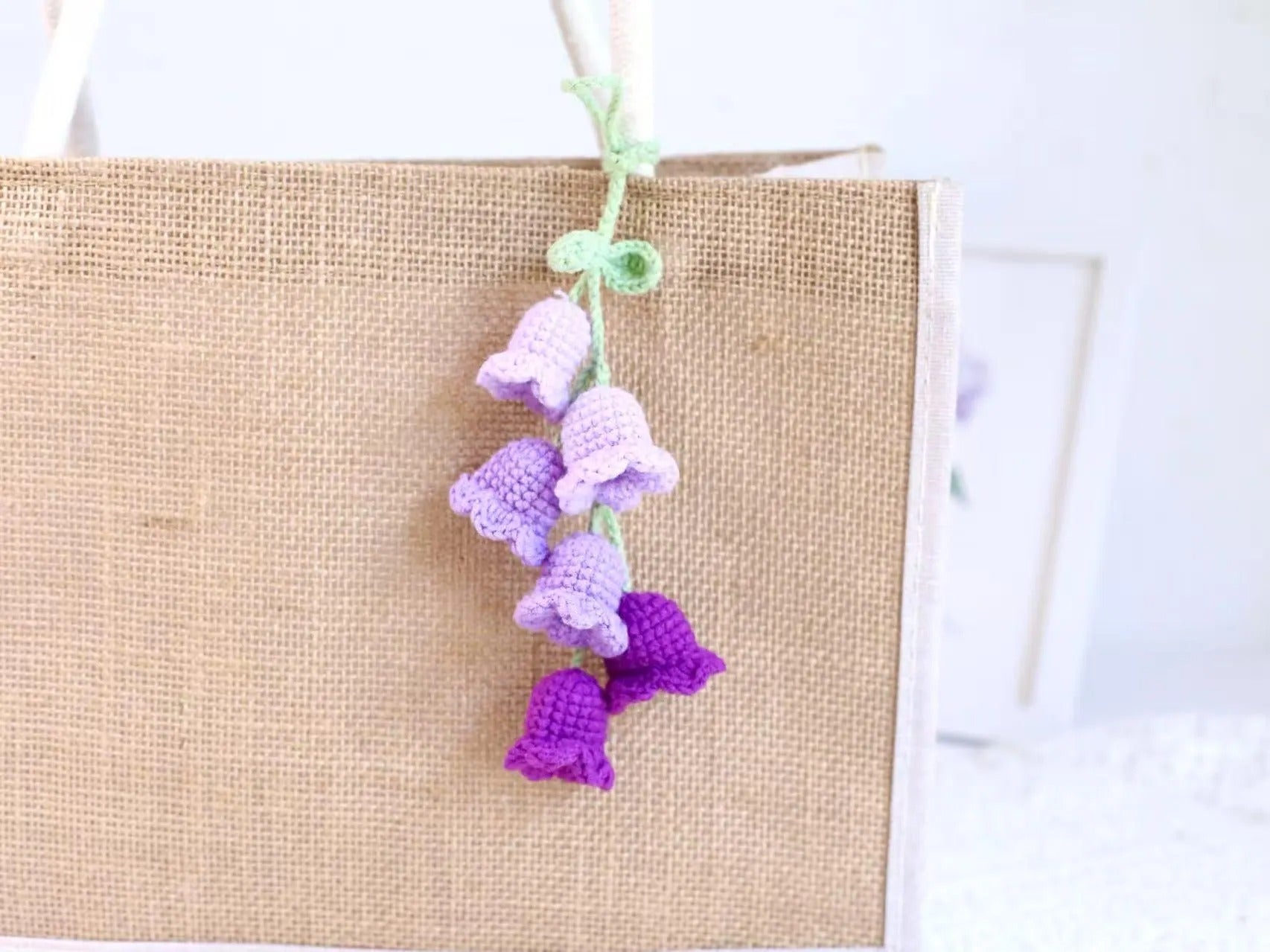 Crochet Bell Flower Car Charm Set: Handmade Cotton Gradient Decoration