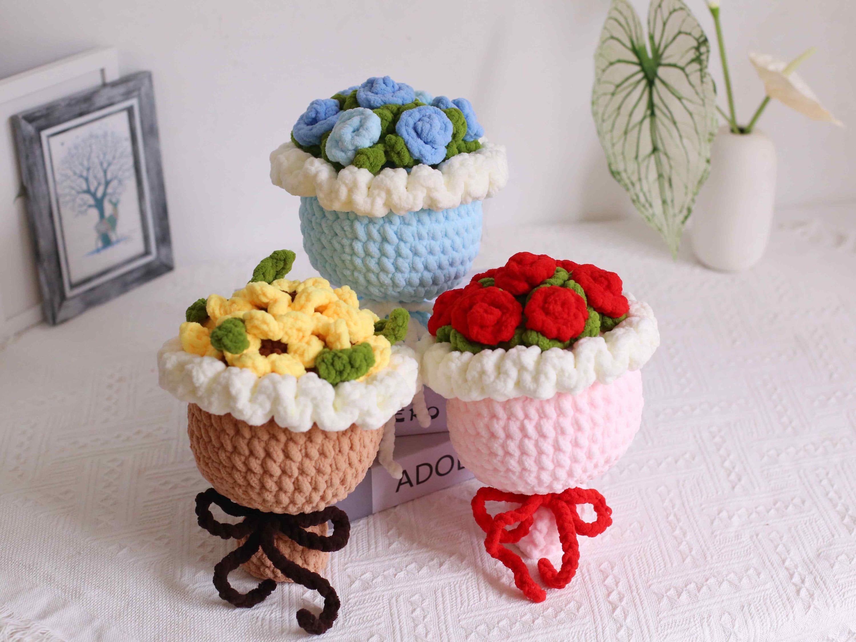 Handmade Crochet Chenille Rose Bouquet: Bright Colors, Ready to Gift