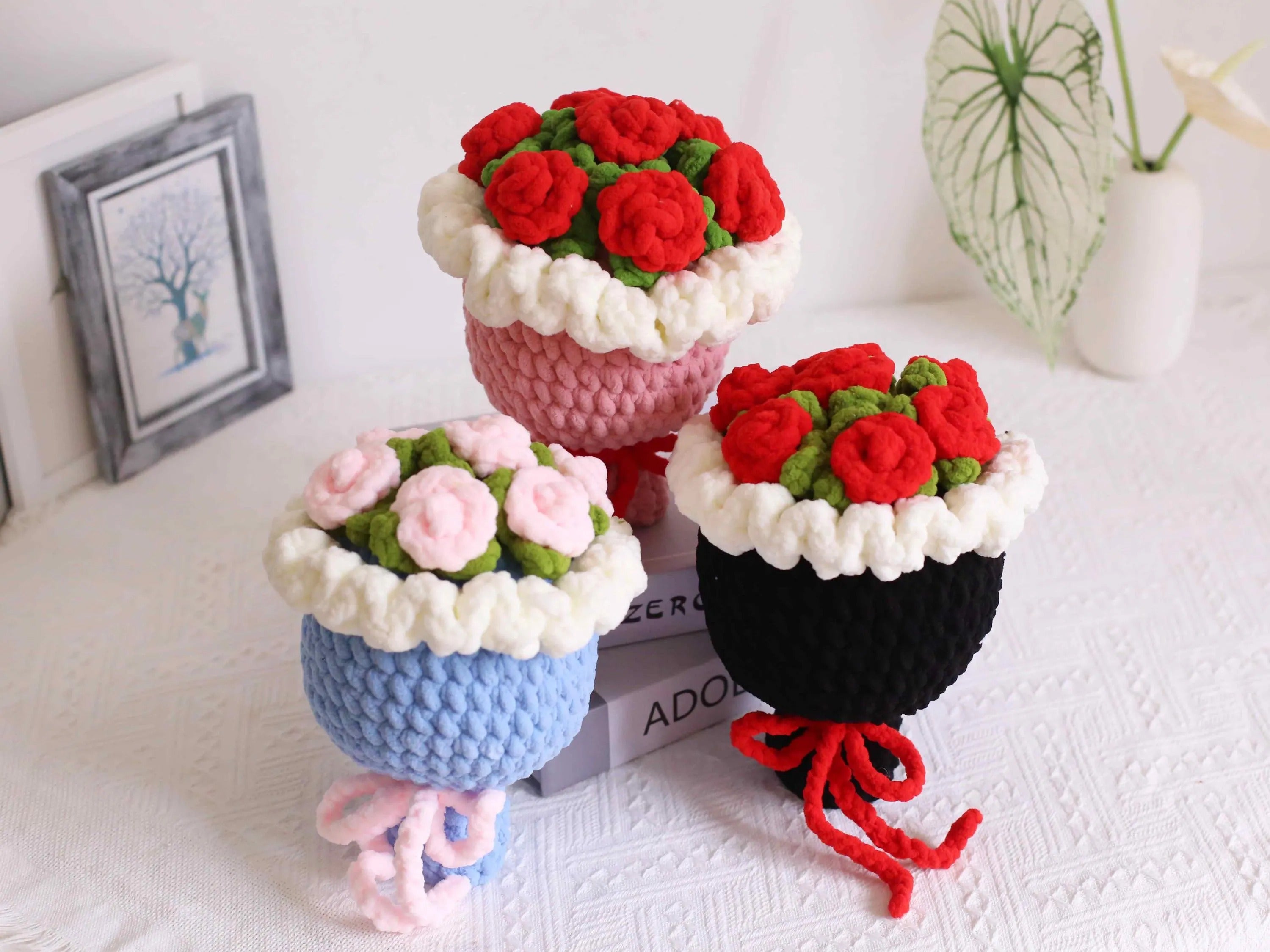 Handmade Crochet Chenille Rose Bouquet: Bright Colors, Ready to Gift