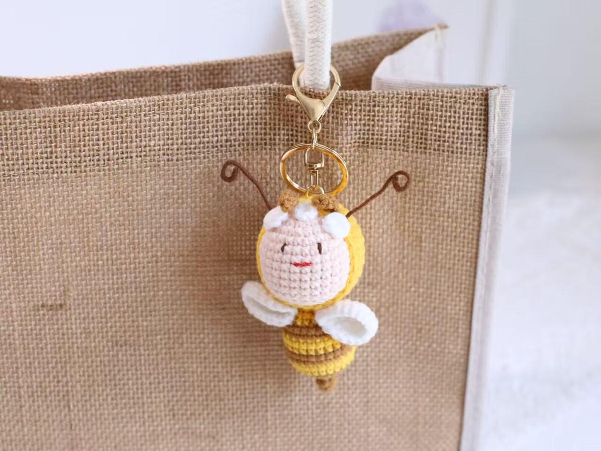 Handmade Crochet Bee Keychain Set - Cute Bag Charm, Car Pendant, Unique Gift for Her, Mom, Friends - Smiling, Mini & Big-Eyed Bees