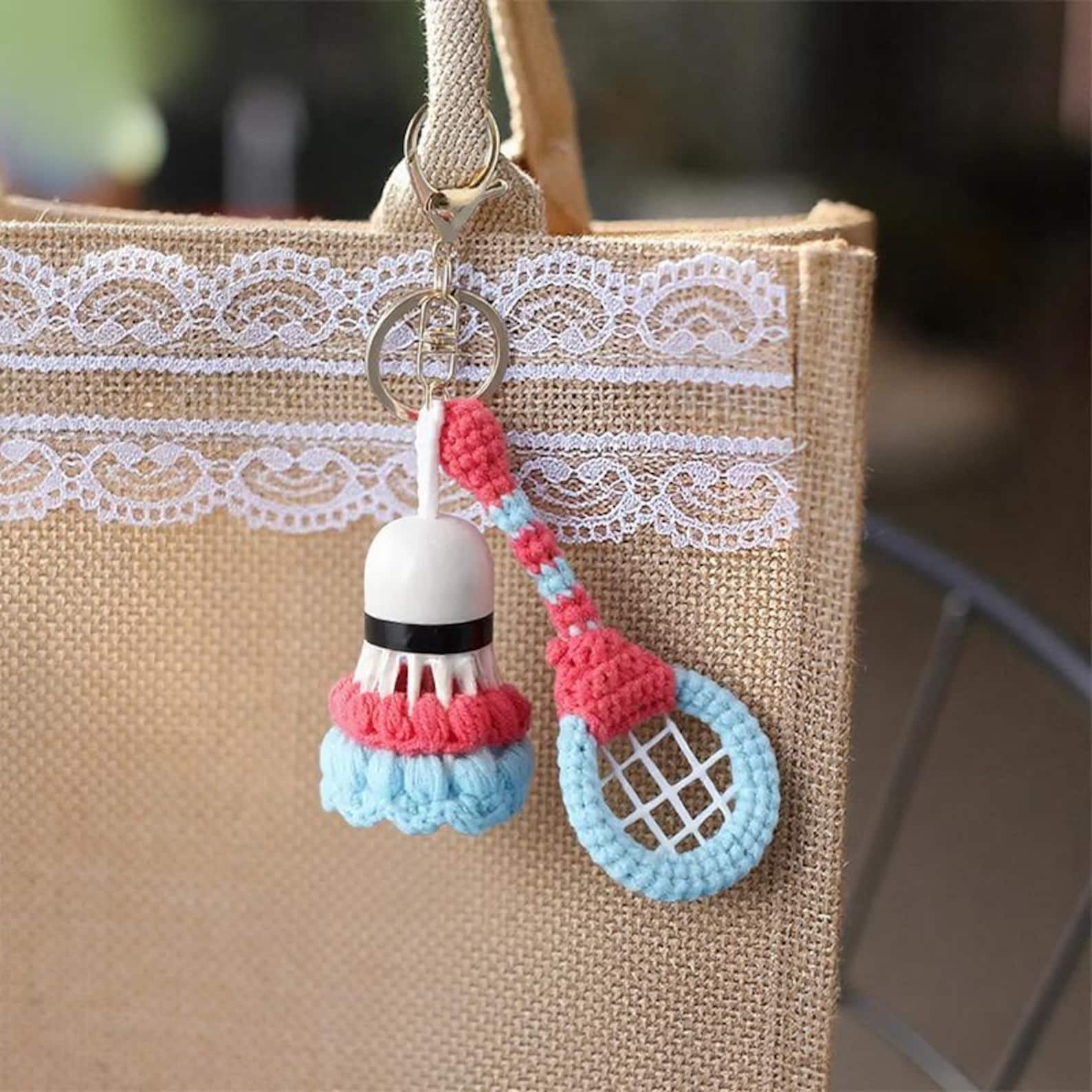 Handmade Crochet Badminton Keychain Set – 6 Colorful Racket Bag Charms, Sporty Gift for Friends, Car Hanger, Cute Handmade Accessory