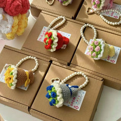Crochet Flower Bouquet Car Charm: Handmade Cotton Yarn Keychain
