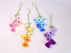 Crochet Bell Flower Car Charm Set: Handmade Cotton Gradient Decoration