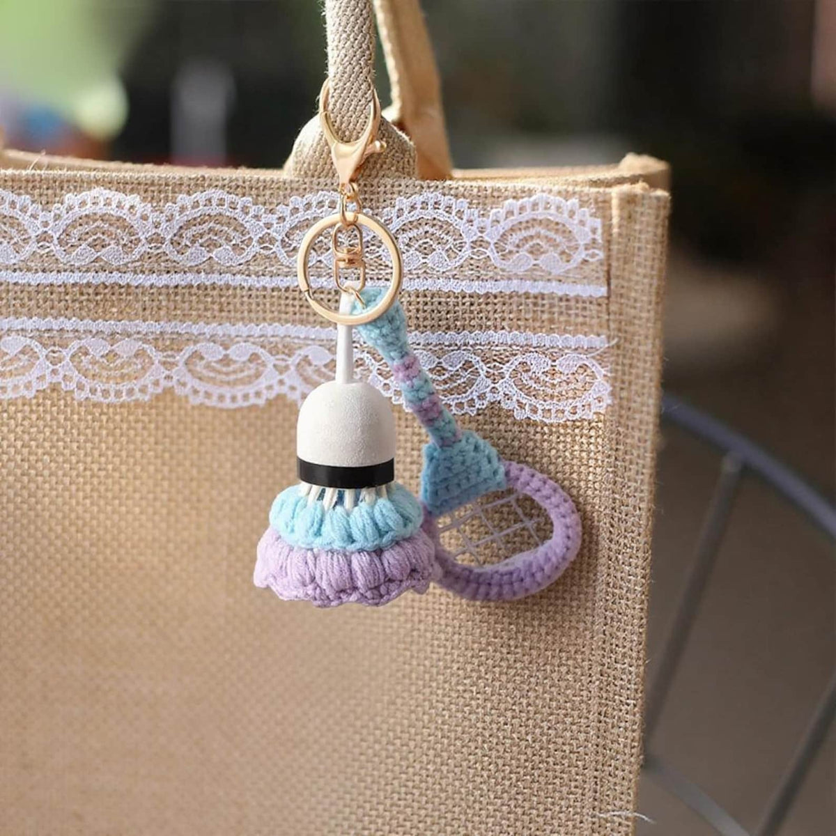 Handmade Crochet Badminton Keychain Set – 6 Colorful Racket Bag Charms, Sporty Gift for Friends, Car Hanger, Cute Handmade Accessory