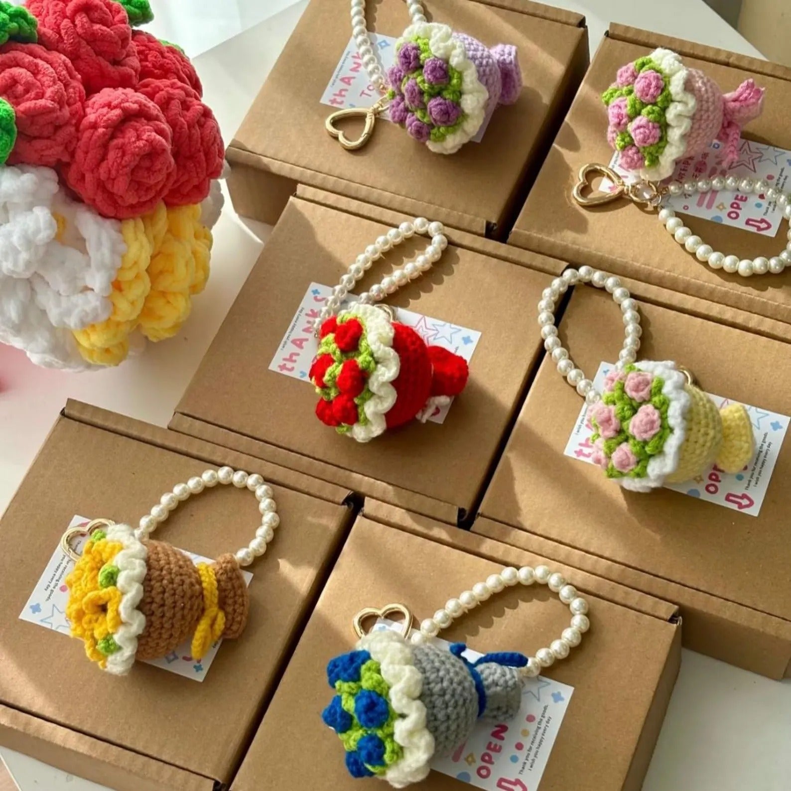 Crochet Flower Bouquet Car Charm: Handmade Cotton Yarn Keychain