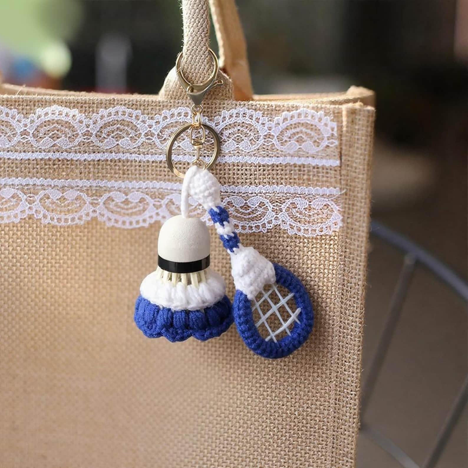 Handmade Crochet Badminton Keychain Set – 6 Colorful Racket Bag Charms, Sporty Gift for Friends, Car Hanger, Cute Handmade Accessory