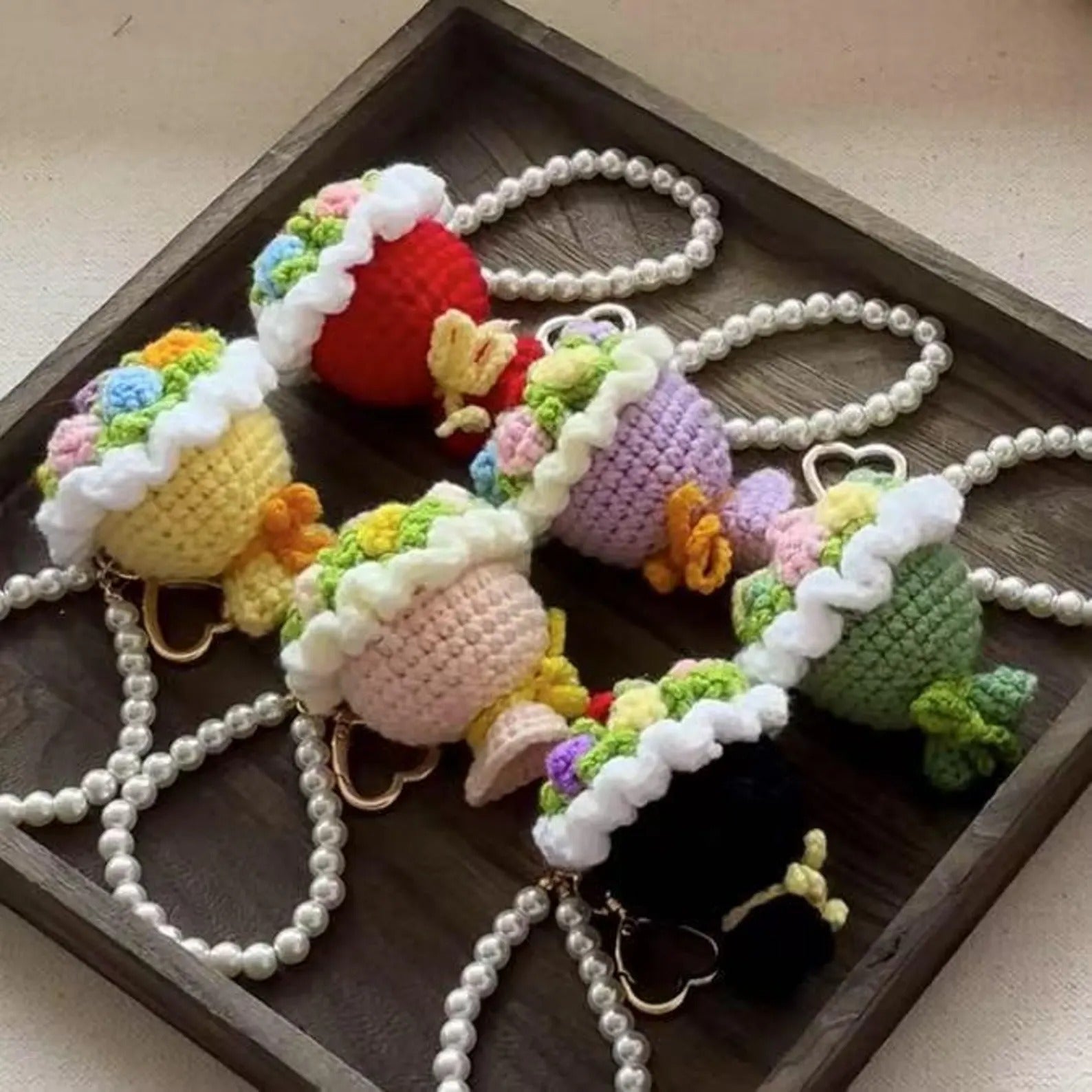 Crochet Flower Bouquet Car Charm: Handmade Cotton Yarn Keychain
