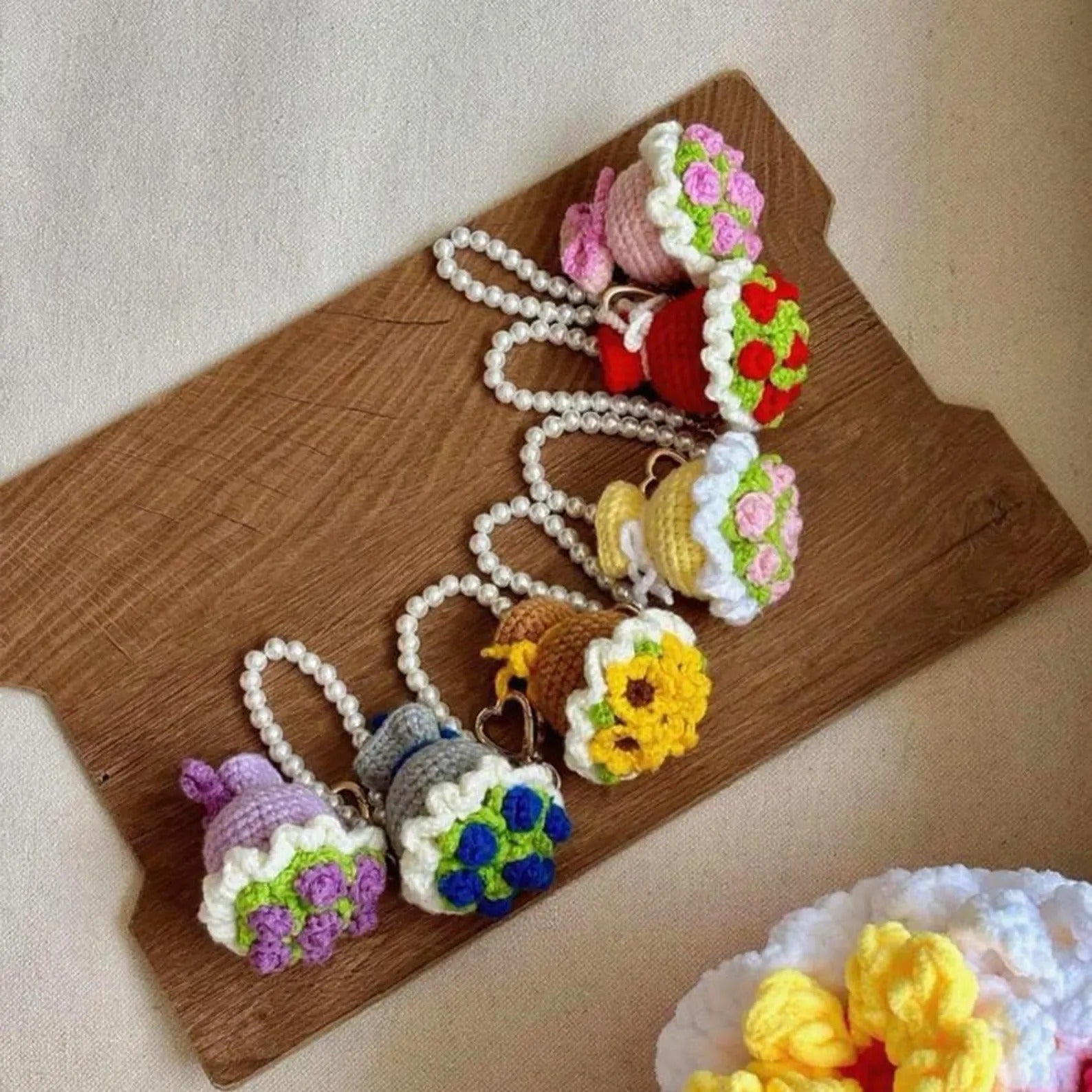 Crochet Flower Bouquet Car Charm: Handmade Cotton Yarn Keychain
